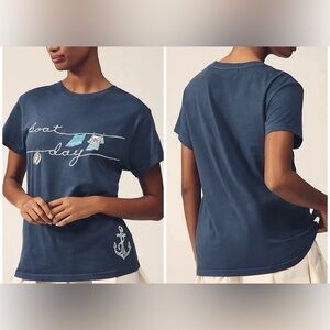 NWOT Anthropologie Letluv Summer Day Graphic Tee - boat day navy white - Small